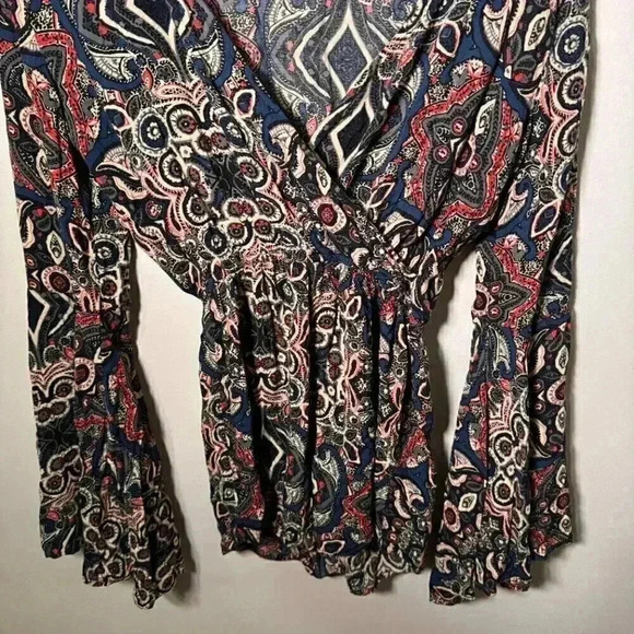 Abercrombie & Fitch Women's Blue Tan Short Bohemian Romper Small Wrap V-Neck - Picture 4 of 6